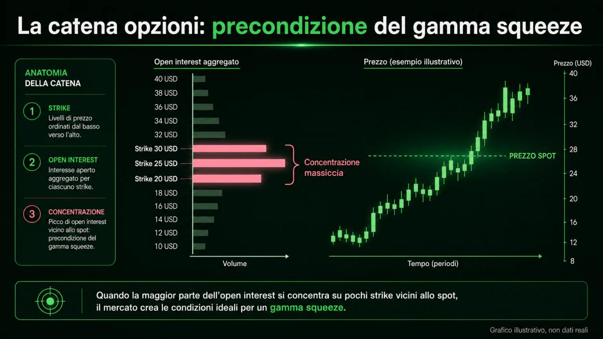 Catena opzioni con concentrazione di call out-of-the-money su pochi strike e volume aggregato visibile