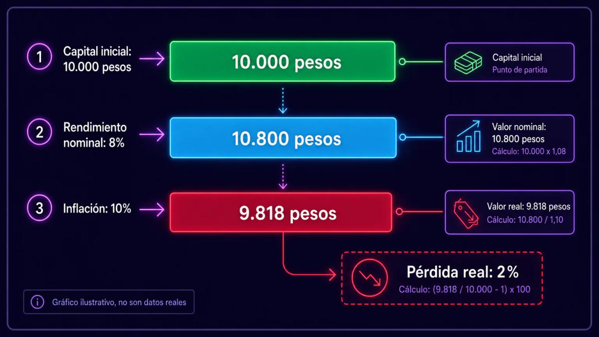 Tabla comparativa de rentabilidad nominal versus real con inflación, mostrando erosión del poder adquisitivo con números conc