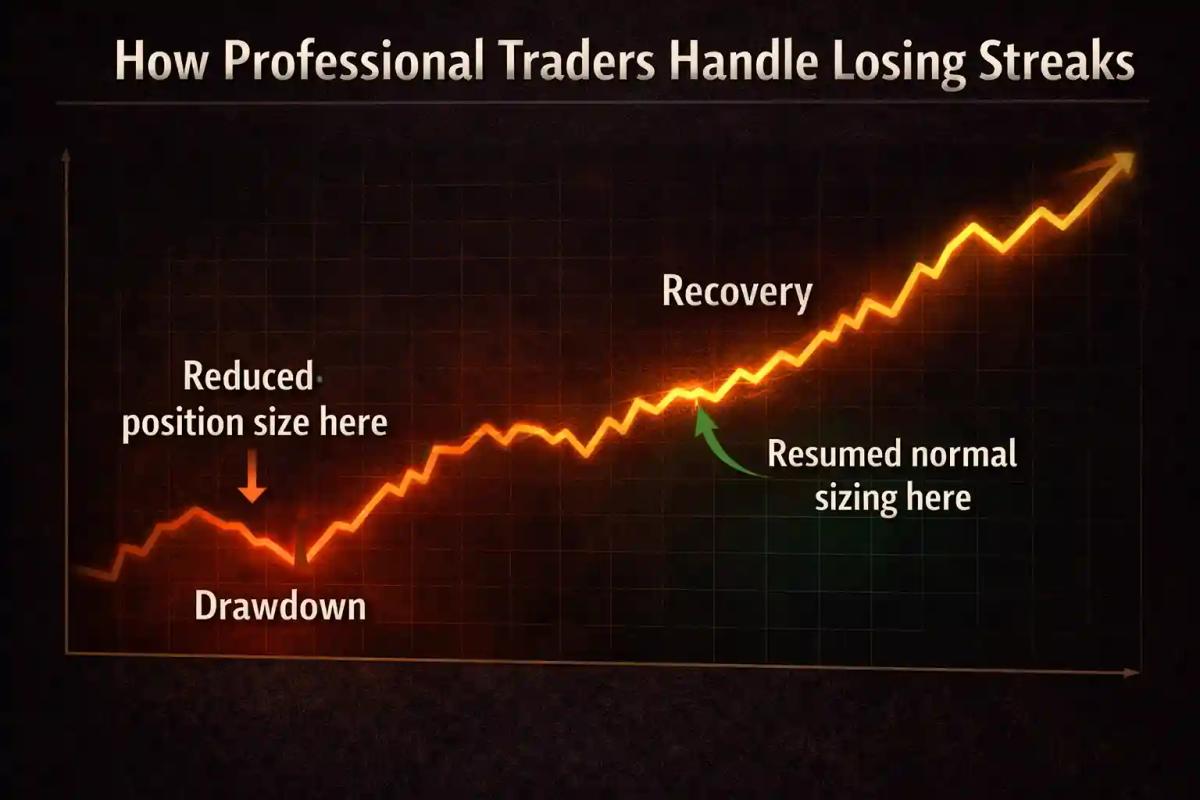 Equity curve showing drawdown and recovery phases with position sizing annotations