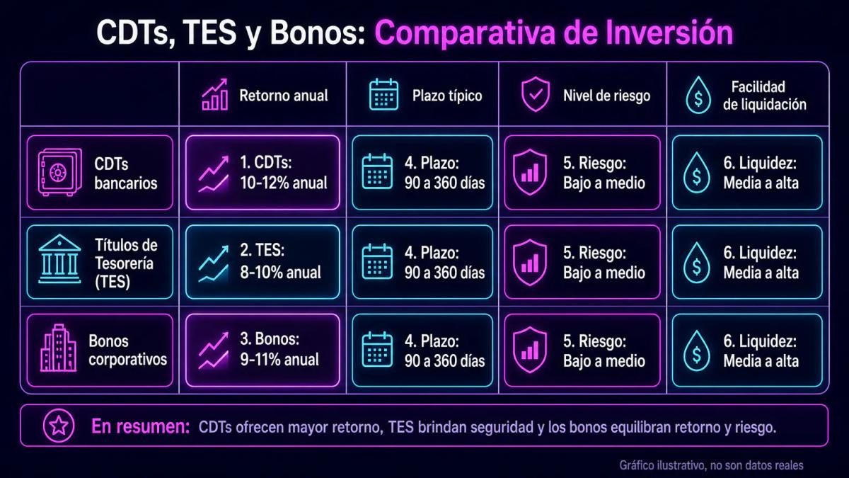 Tabla comparativa de instrumentos de renta fija con columnas de retorno, plazo, riesgo y liquidez