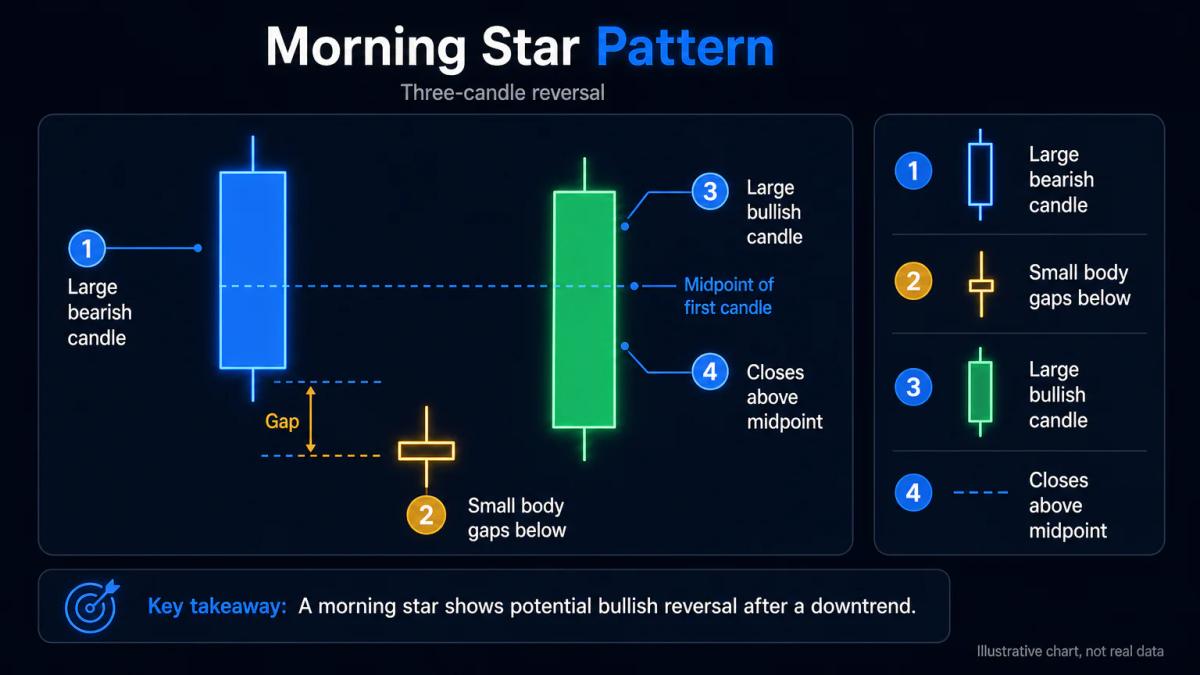 Morning star three-candle reversal pattern with large bearish candle, small-bodied middle candle, and large bullish candle cl