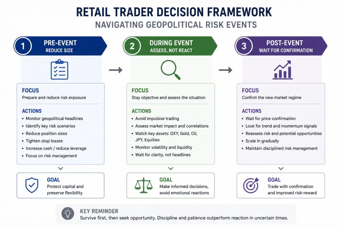 Retail trader decision framework for geopolitical risk events - three-phase positioning diagram