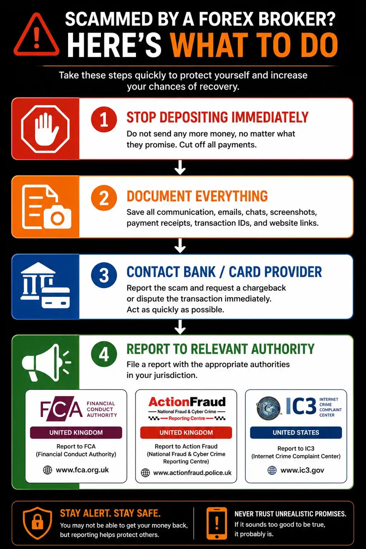 What to do if you have been scammed by a forex broker - reporting steps flowchart