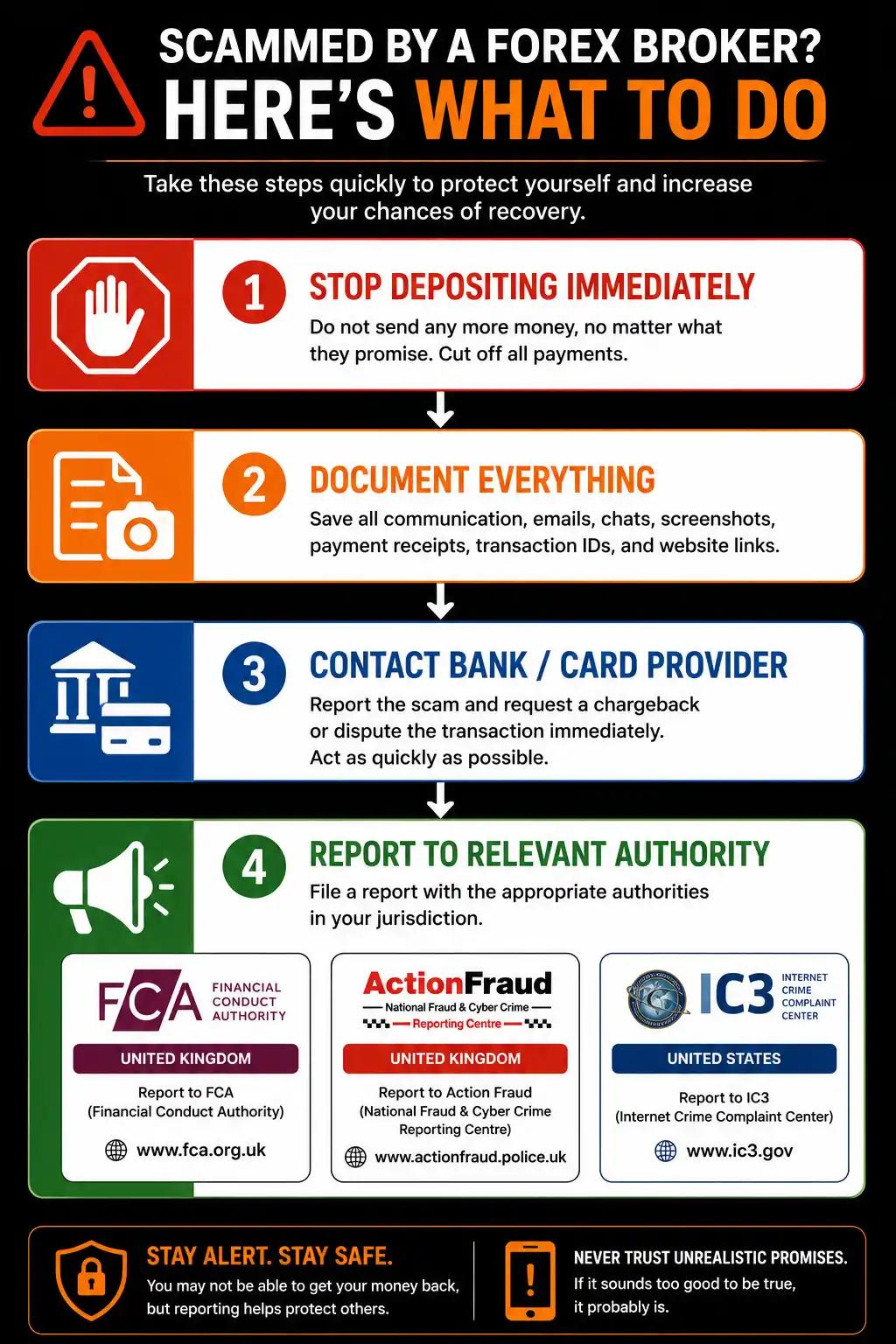 What to do if you have been scammed by a forex broker - reporting steps flowchart
