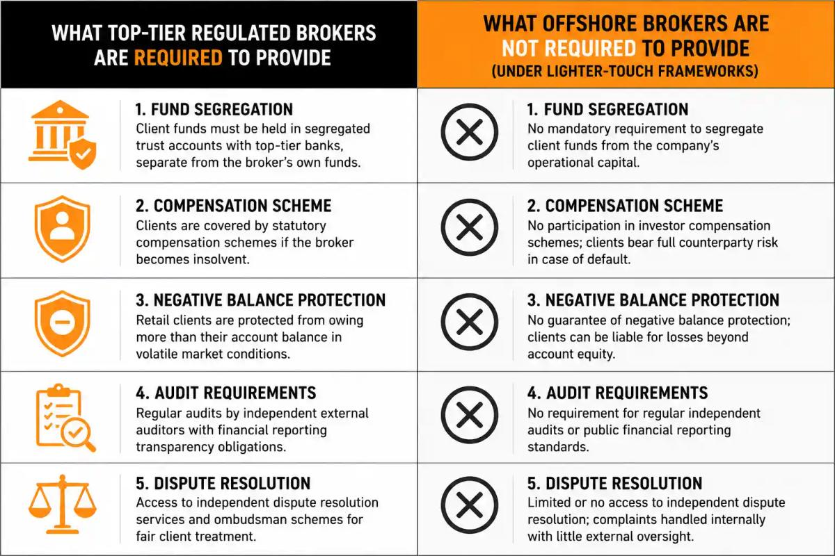 Two-column comparison showing regulatory requirements for top-tier regulated brokers versus offshore brokers