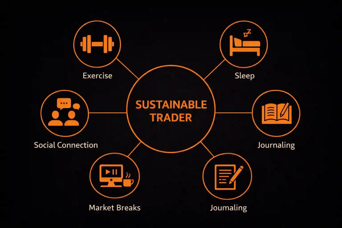 Visual diagram of wellness habits for sustainable trading including exercise sleep journaling social connection and market breaks