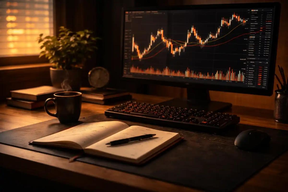 Calm trader desk setup in warm ambient light with charts on monitor during early morning_11zon