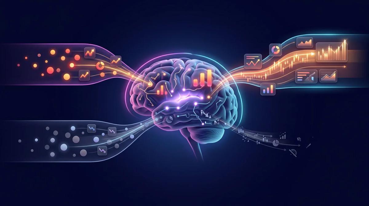 Diagrama que muestra un cerebro con flechas que representan sesgo de confirmación, donde recuerdos de operaciones ganadoras s