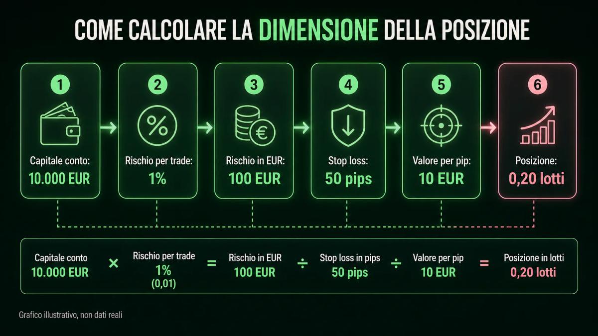Infografica che mostra il calcolo della posizione: capitale, percentuale di rischio e stop loss in relazione