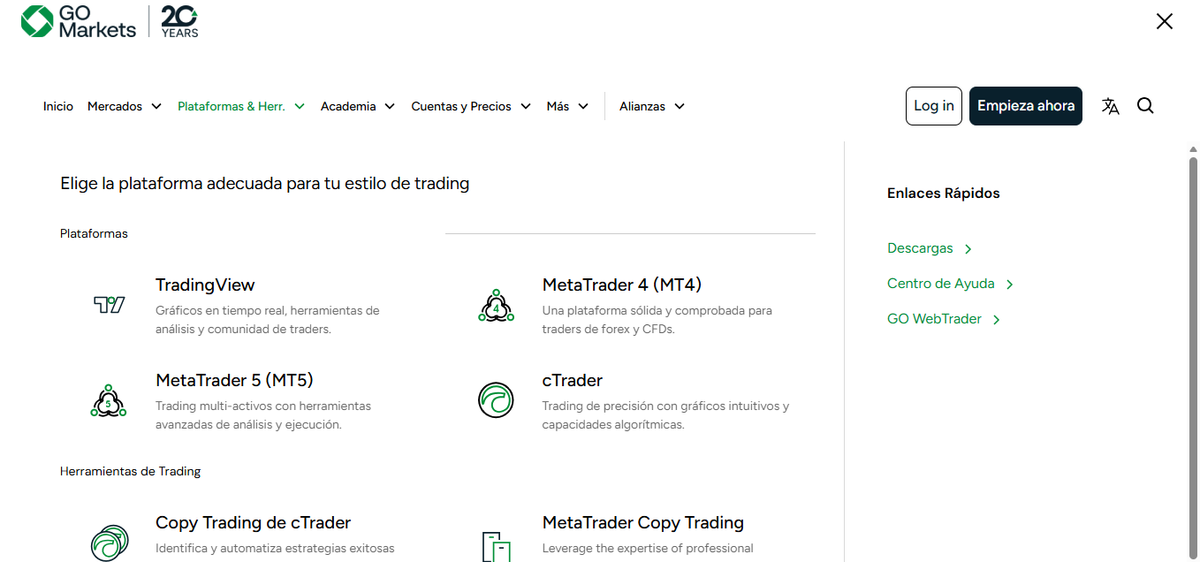 Página de plataformas de GO Markets con MT4, MT5, cTrader, TradingView y GO TradeX