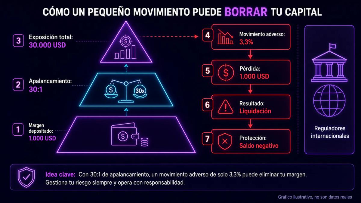 Diagrama que muestra cómo 1000 USD de margen con apalancamiento 30:1 controla 30000 USD y cómo un movimiento del 3,3% liquida