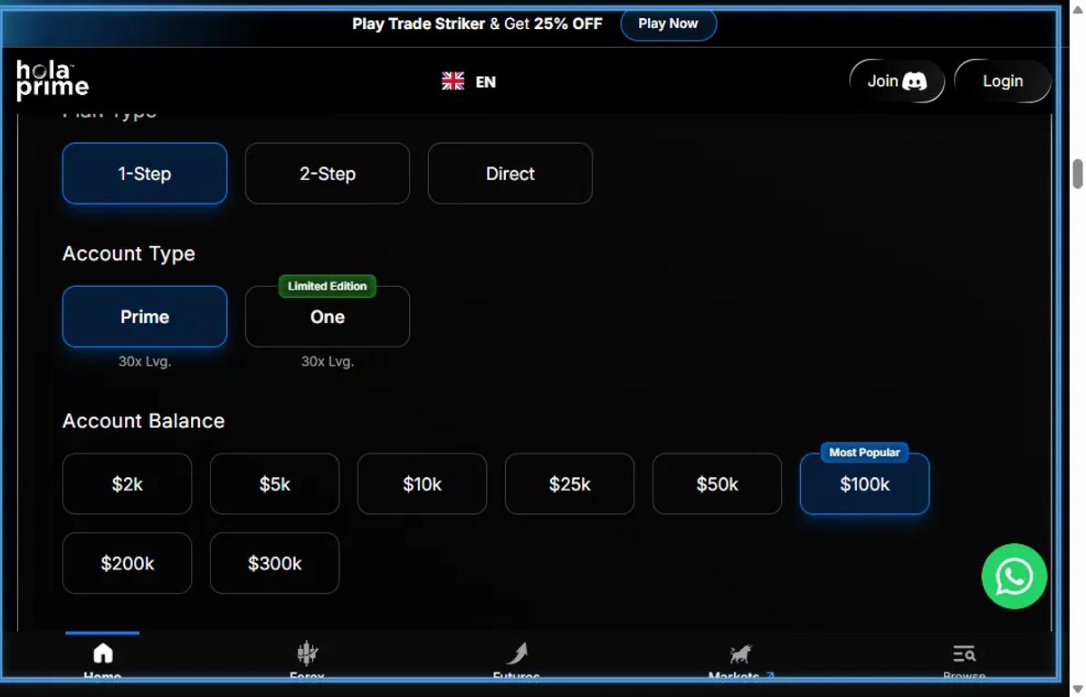 Hola Prime challenge pricing page showing account sizes from $5K to $300K and fee ranges