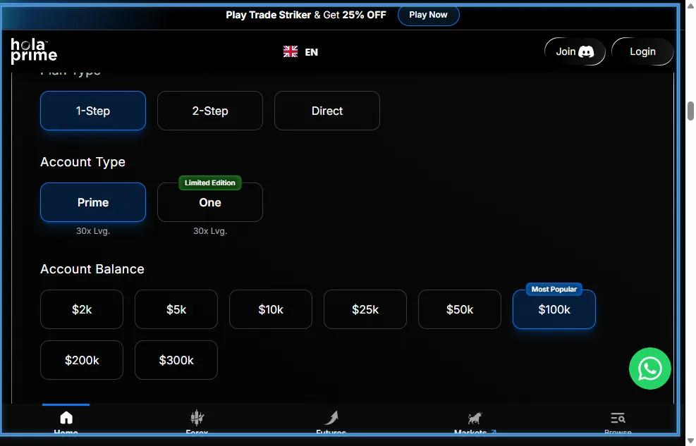 Hola Prime challenge pricing page showing account sizes from $5K to $300K and fee ranges