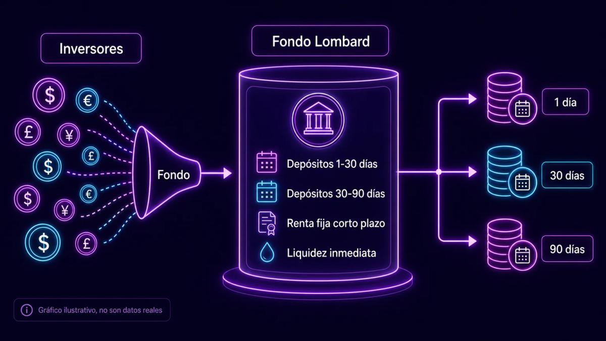 Diagrama de flujo que muestra dinero de inversores entrando a un fondo y siendo distribuido en depósitos a plazo fijo y activ