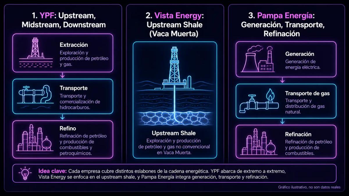 Diagrama de tres cadenas de valor energética: YPF integrada, Vista Energy en upstream shale, Pampa Energía en generación y di