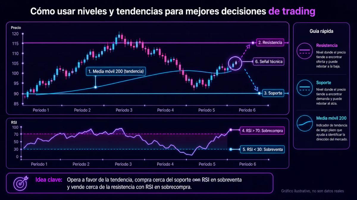 Gráfico editorial con medias móviles SMA 200 y oscilador RSI marcando soportes y resistencias en Ecopetrol