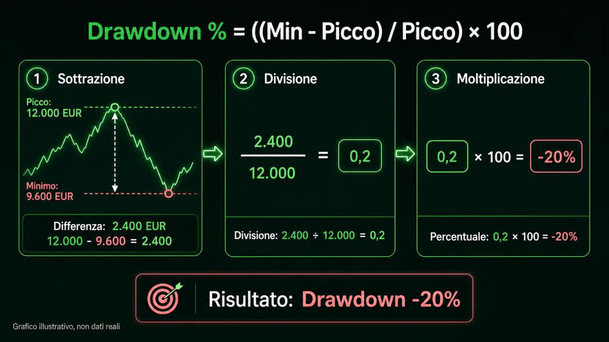 Infografica della formula del drawdown con i tre passaggi numerici e il risultato percentuale