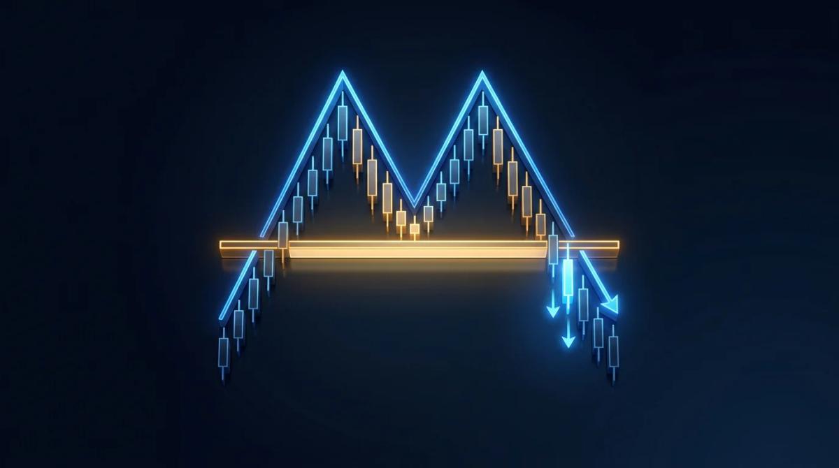 Diagram of the double top pattern with structure and breakout marked (Illustrative example · synthetic data, not real prices)