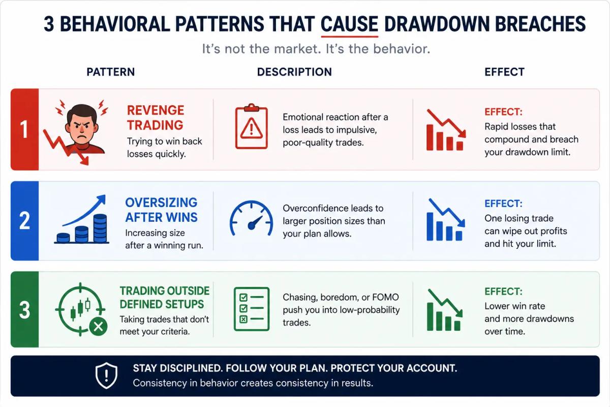 Three behavioral patterns that cause prop firm drawdown breaches illustrated with labels and effects