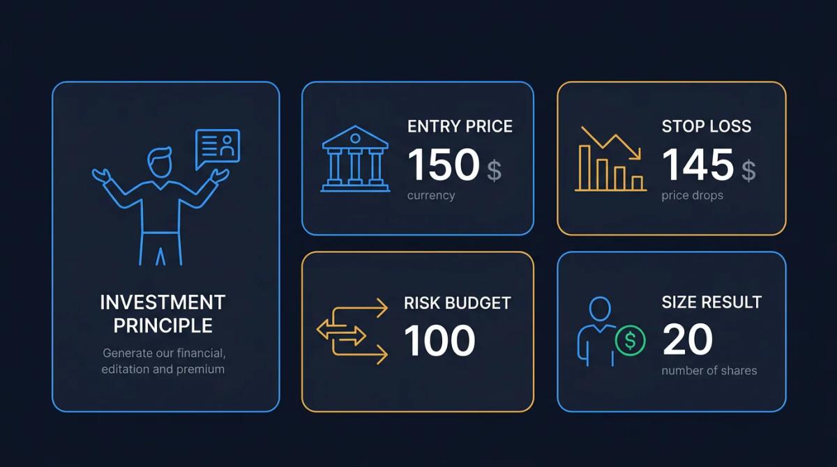 Step-by-step calculation breakdown showing entry price, stop loss, risk amount, and resulting position size