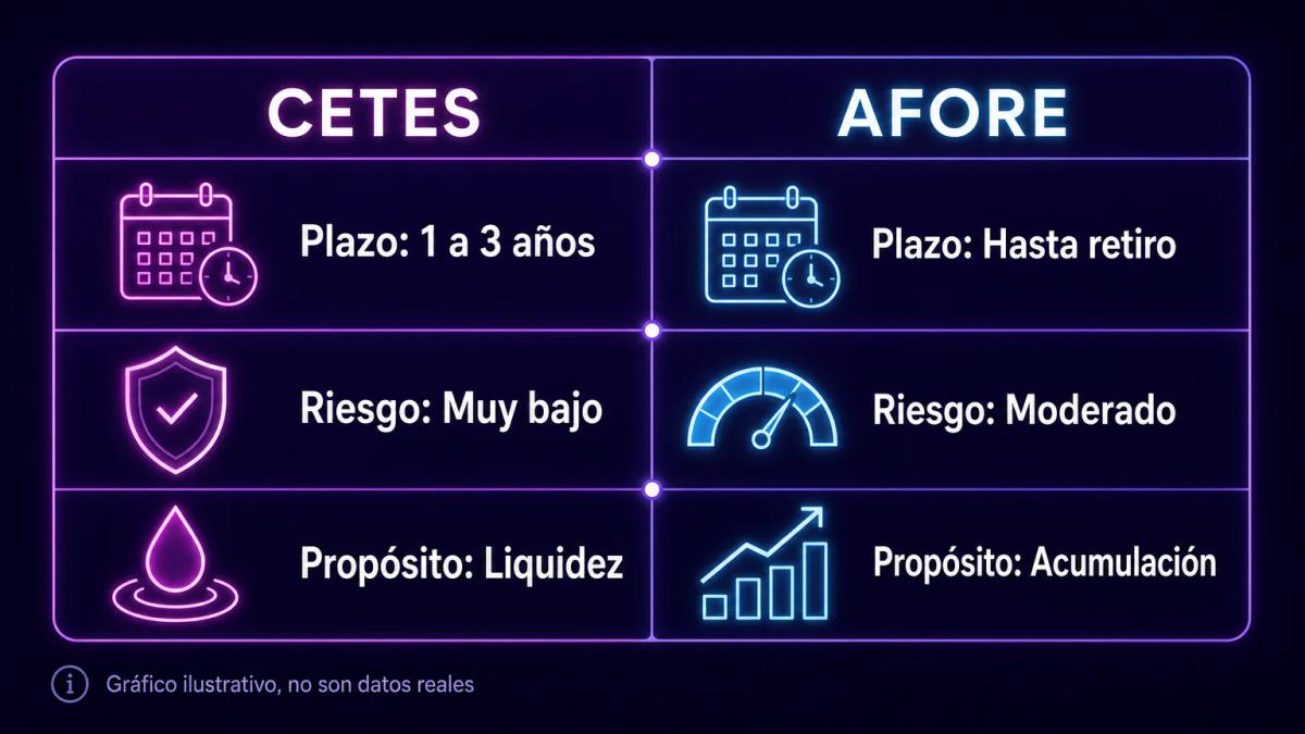 Tabla comparativa de CETES y Afore con tres columnas: plazo, riesgo y propósito