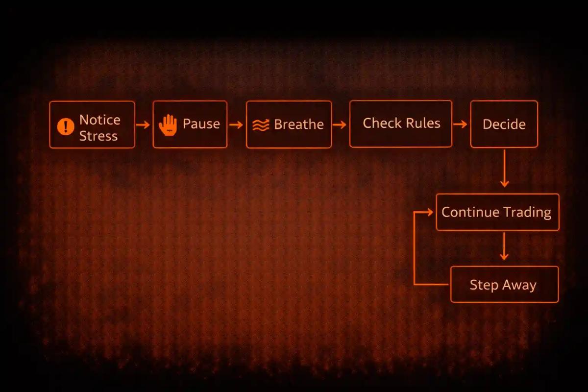Flowchart showing five-step stress response protocol for live trading sessions