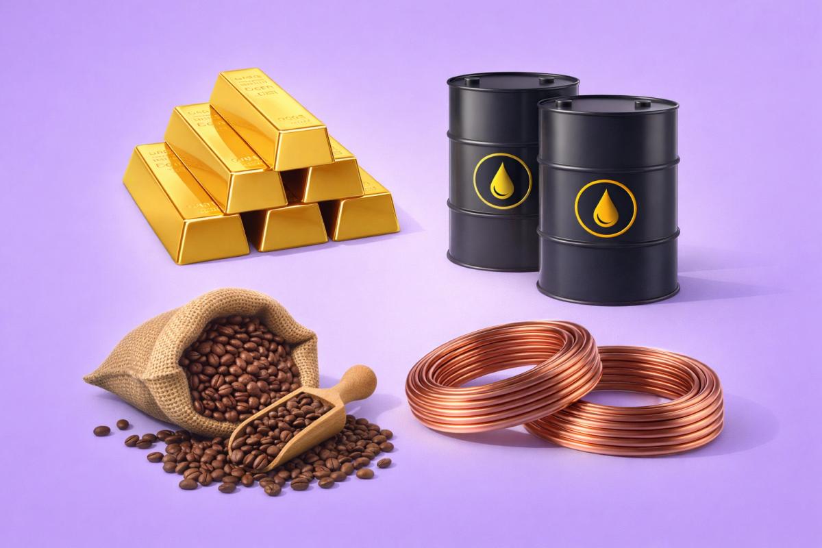 Composición con lingotes de oro, barriles de petróleo, granos de café y bobinas de cobre