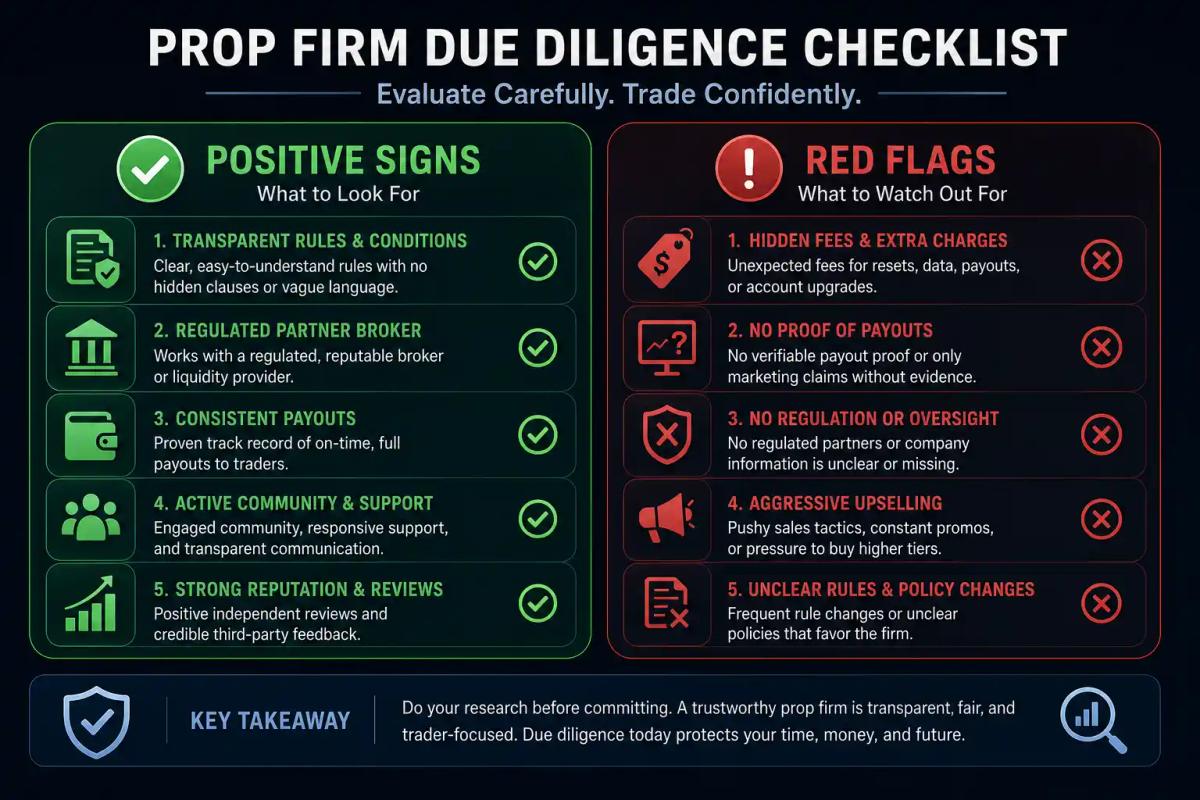 Prop firm due diligence checklist - red flags and evaluation criteria for funded traders