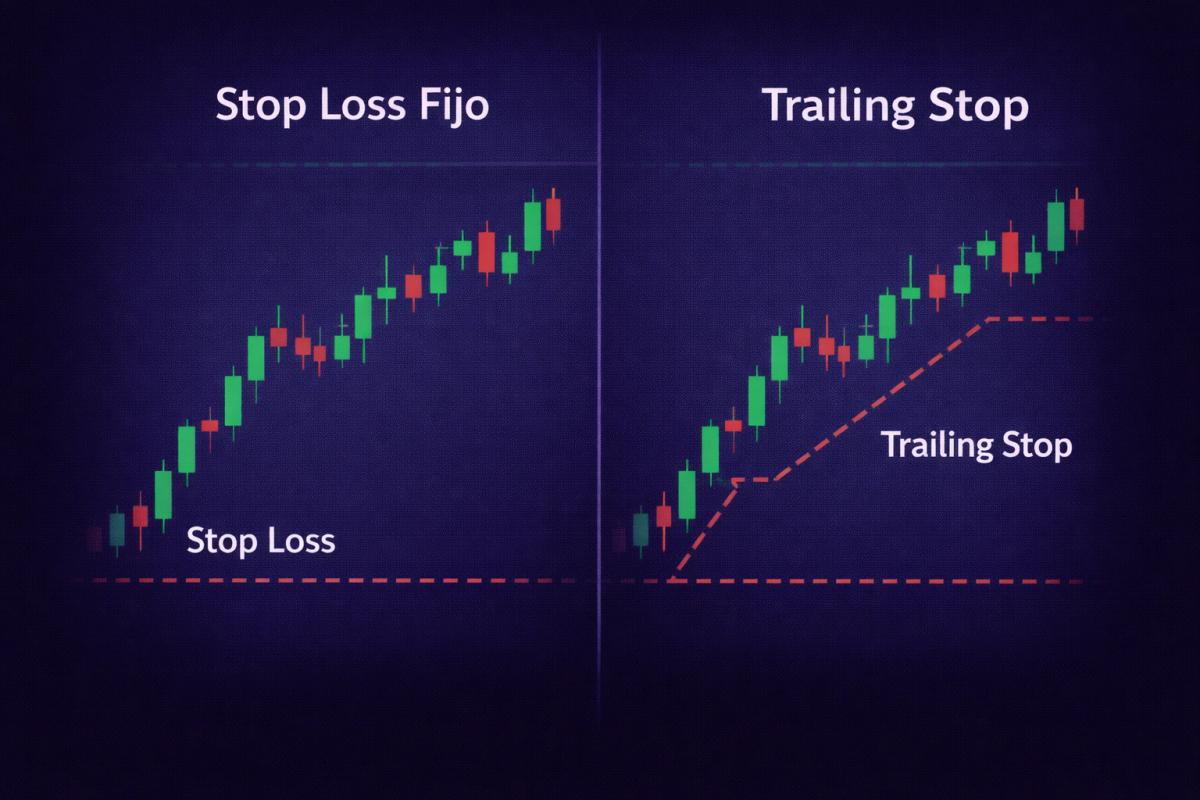 2: Diagrama comparativo entre stop loss fijo (línea estática) y trailing stop (línea que sigue al precio en tendencia alcista)