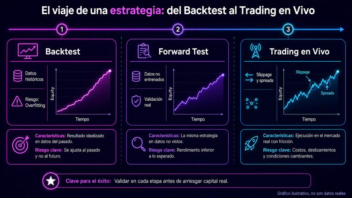 Diagrama de tres fases de validación: backtest con datos históricos, forward test con datos futuros no vistos, y trading en v