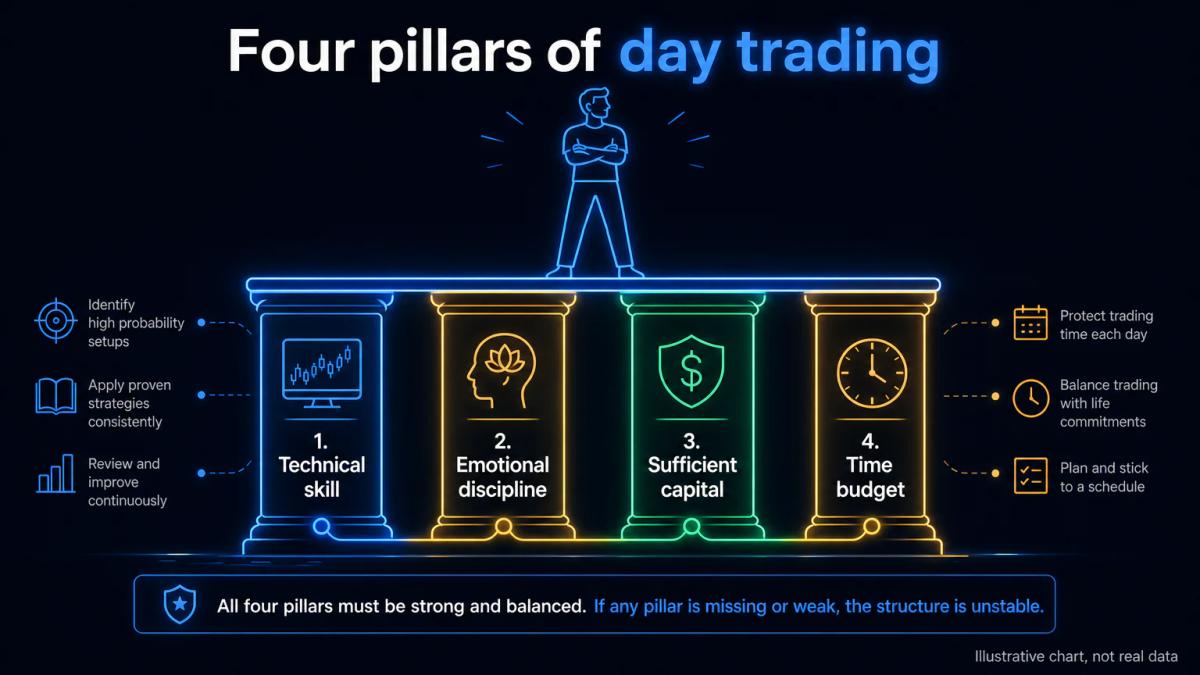 Four pillars labeled technical skill, emotional discipline, sufficient capital, and time budget supporting a trader figure