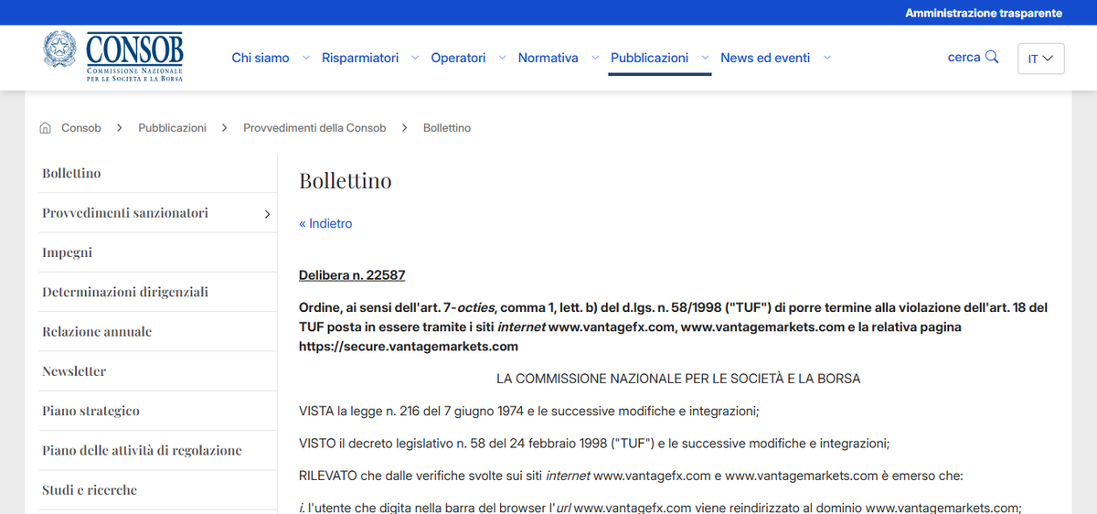 Pagina CONSOB dei siti inibiti con delibera 22587/2023 su dominio Vantage