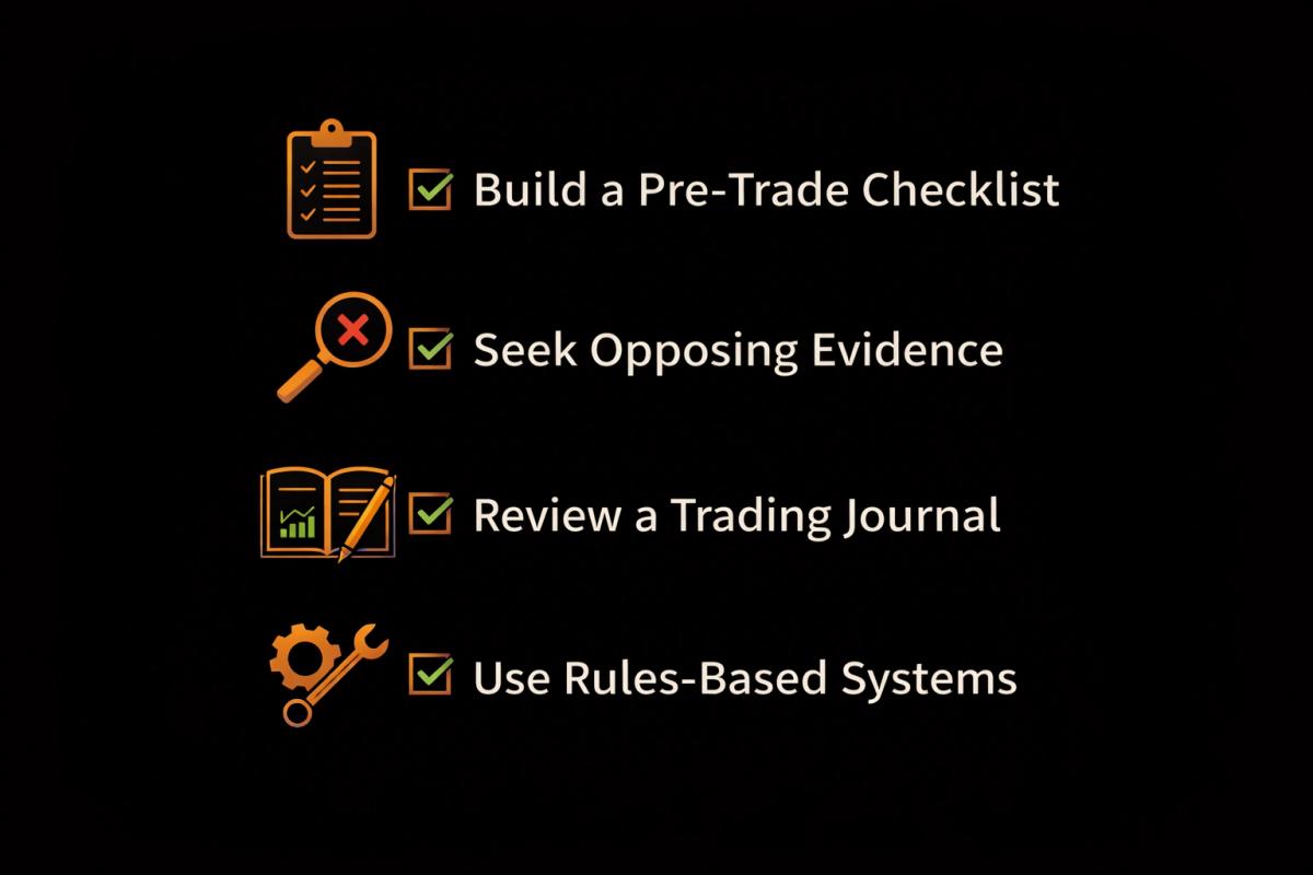 Visual checklist of four strategies to overcome confirmation bias in trading including pre-trade checklist and trading journal