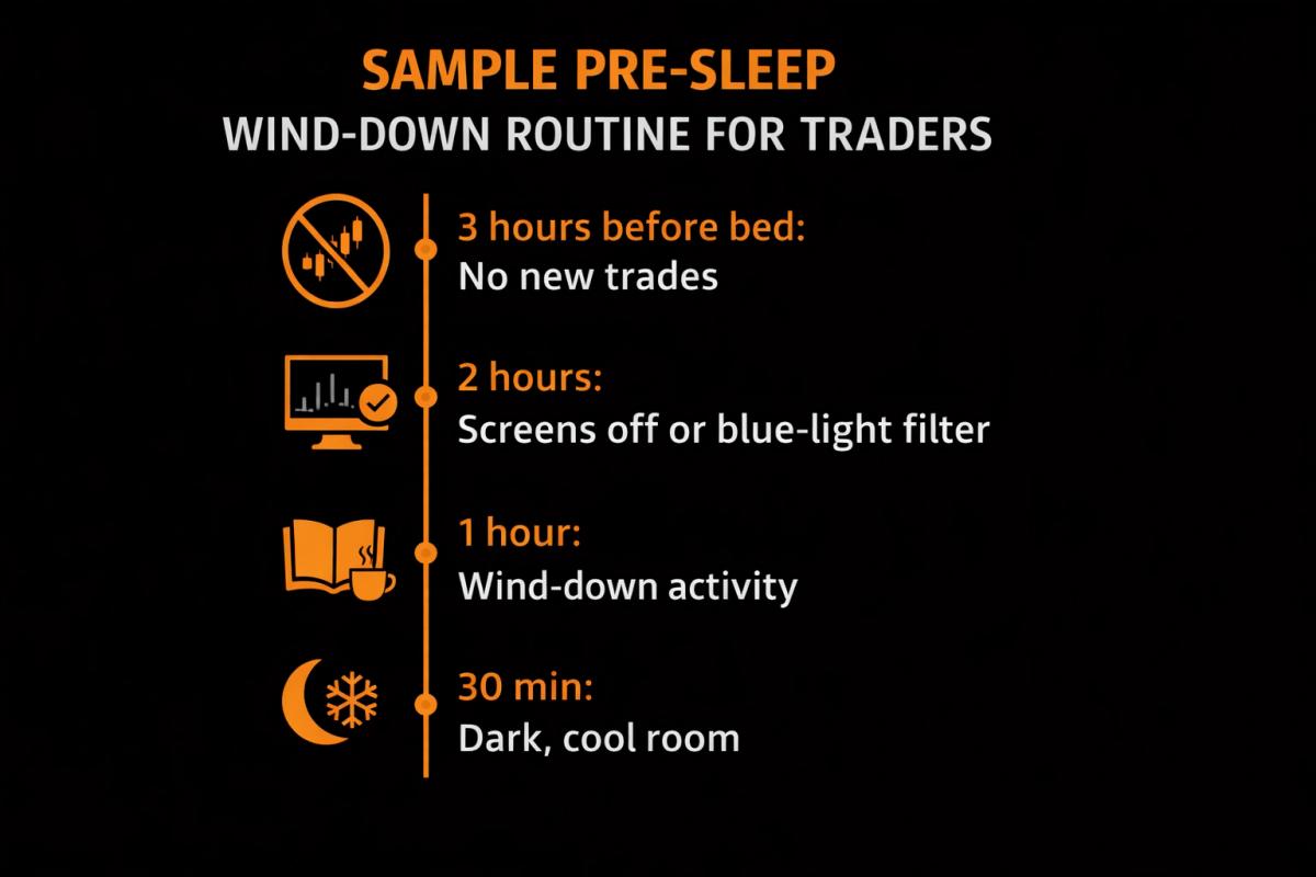 Visual timeline of a trader pre-sleep wind-down routine from three hours to thirty minutes before bed
