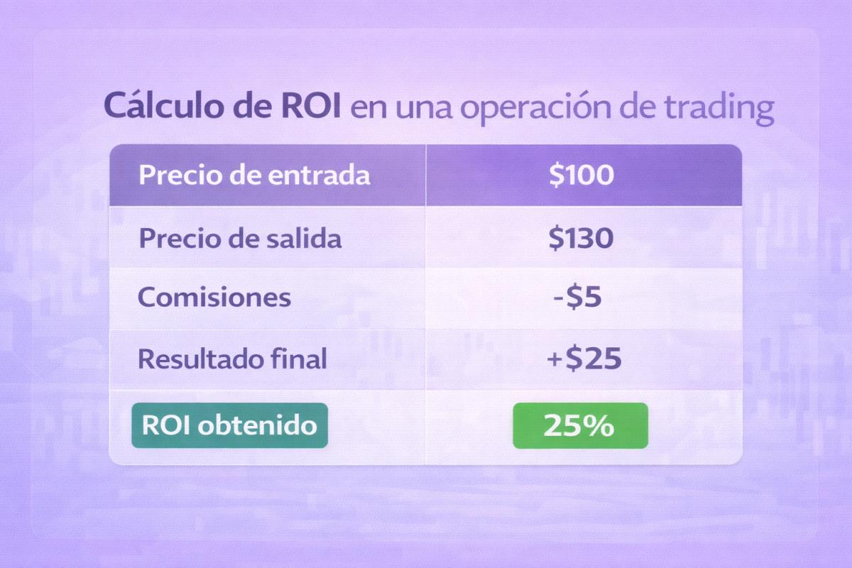 Tabla o gráfico con cálculo de ROI de una operación de trading incluyendo precio de entrada, salida, comisiones y resultado