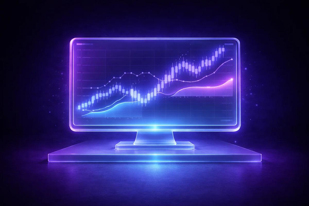 Monitor o pantalla 3D con material translúcido mostrando líneas de gráfico abstracto y zonas marcadas con luz, sobre escritorio geométrico minimalista con resplandor azul eléctrico, evocando preparación y análisis previo