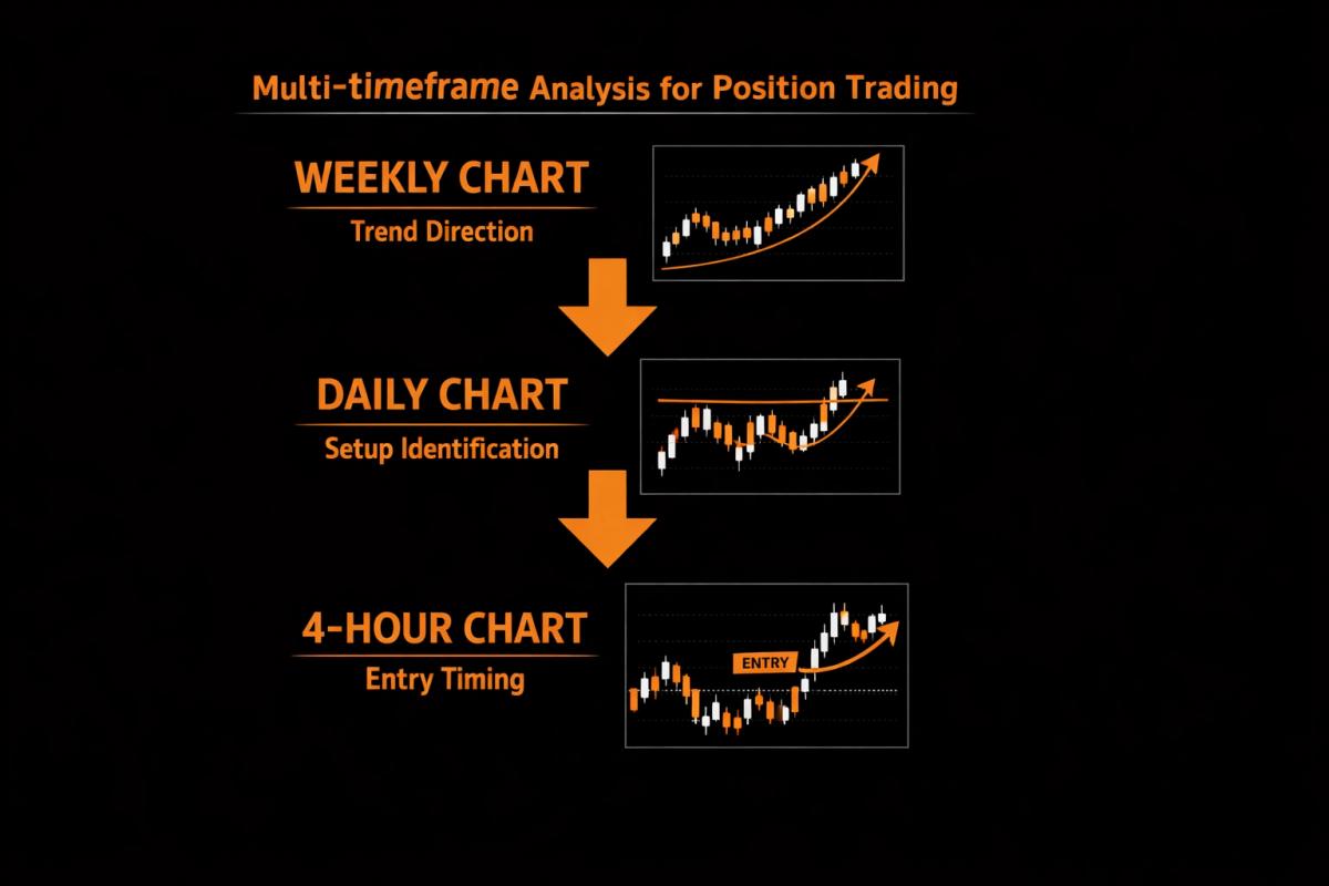 Multi-timeframe analysis diagram for position trading showing weekly daily and 4-hour chart hierarchy