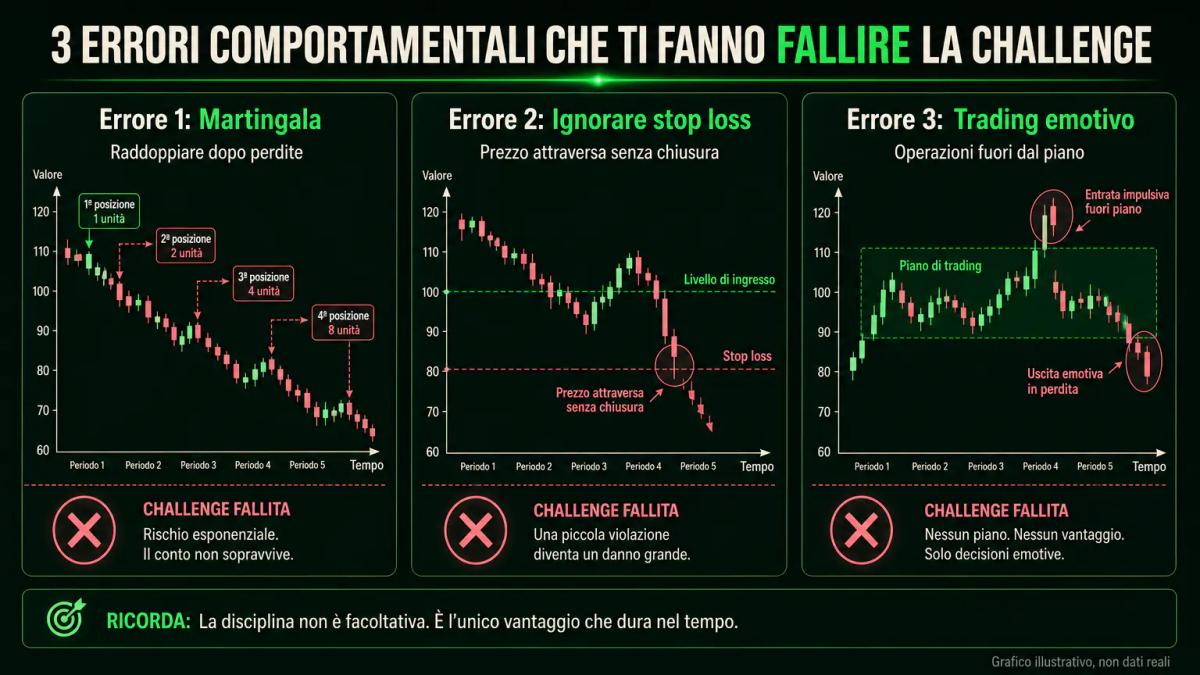 Confronto tra tre errori ricorrenti: aumento della position size, ignorare lo stop loss, trading fuori dal piano