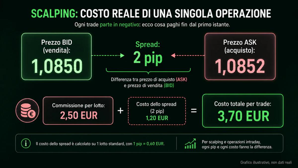 Anatomia dello spread e della commissione: bid, ask, spread in pip e commissione per lotto