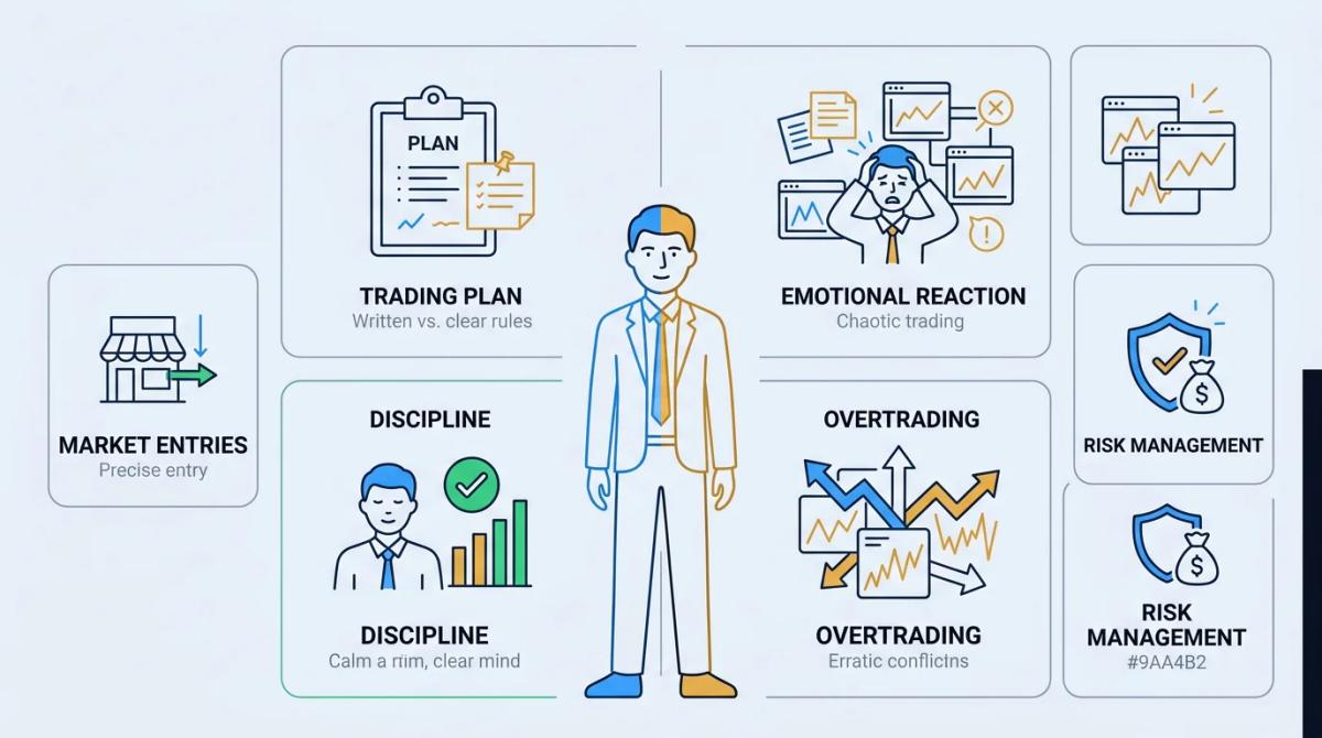 Trader facing two paths: one marked with a clear plan and checklist, the other chaotic with scattered indicators and question