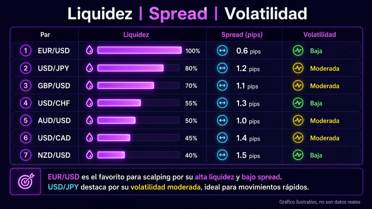 Tabla comparativa de los siete pares mayores con columnas de liquidez, spread promedio y volatilidad ATR