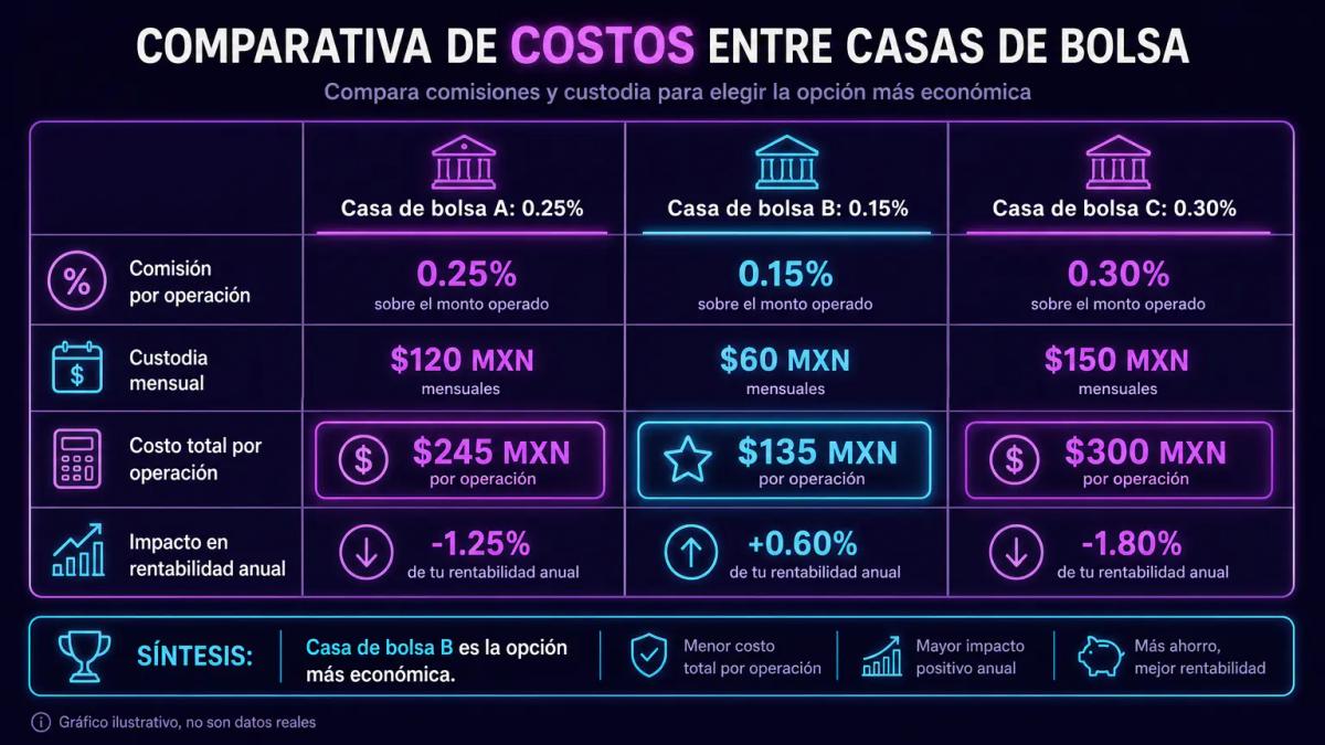 Tabla comparativa de comisiones entre tres casas de bolsa mexicanas con montos operados y costos totales