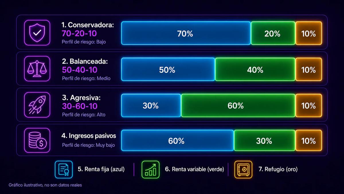 Matriz de cuatro estrategias de inversión mostrando porcentajes de renta fija, variable y refugio para cada perfil