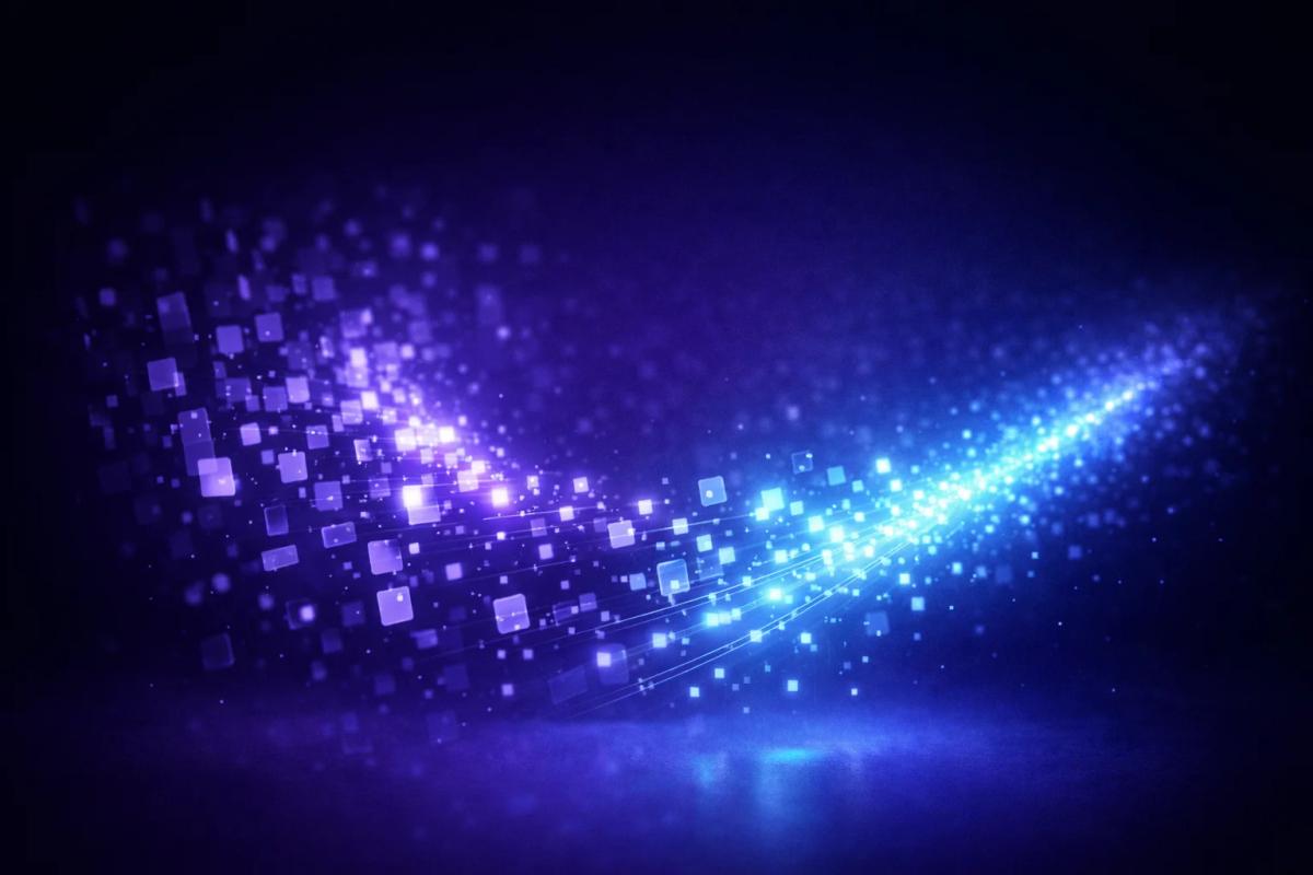 Pantalla abstracta 3D donde flujos brillantes avanzan y elementos opacos desaparecen en el fondo