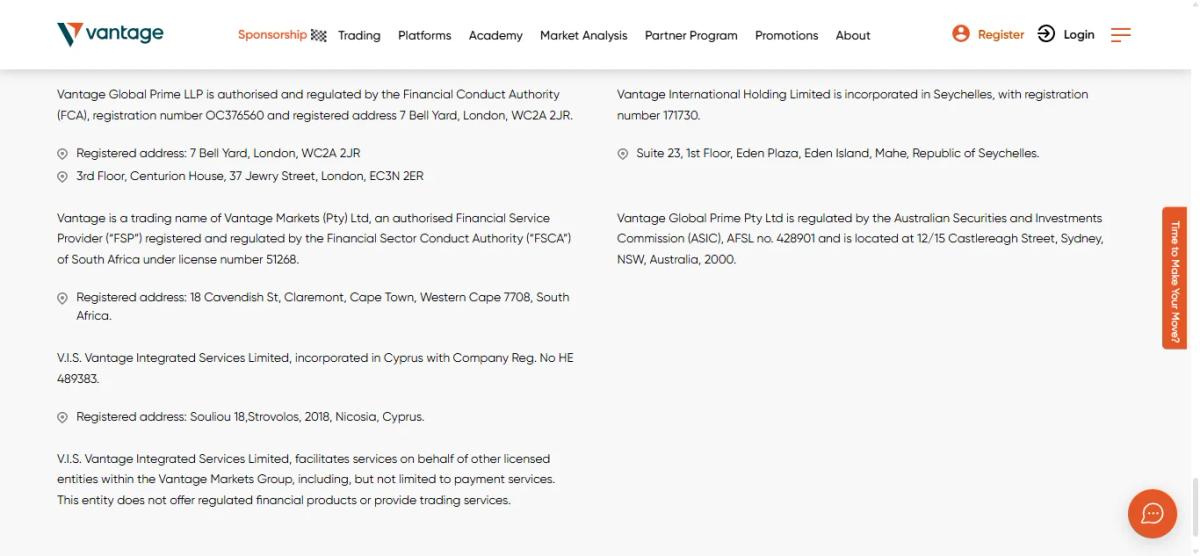 Screenshot - Vantage regulation page or client agreement showing entity details