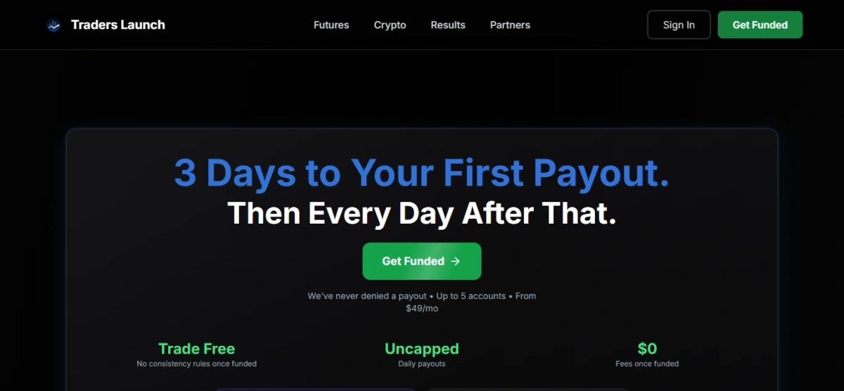 Traders Launch homepage showing prop firm value proposition and pricing overview