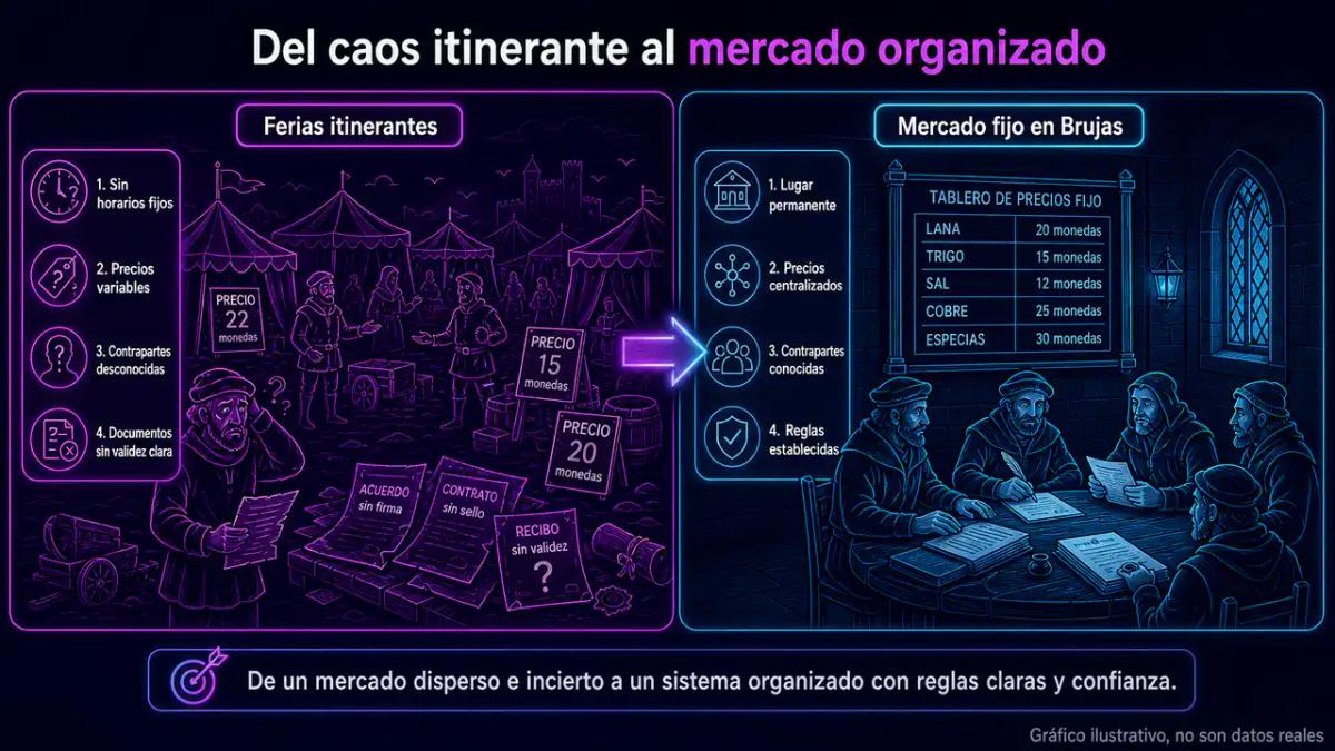 Comparación visual de ferias itinerantes caóticas versus mercado fijo ordenado de Brujas