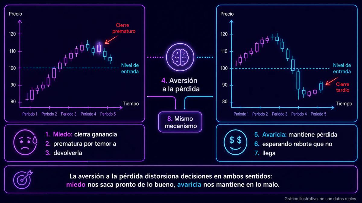 Gráfico editorial mostrando aversión a la pérdida: ganancia pequeña rechazada por miedo versus pérdida grande tolerada por av