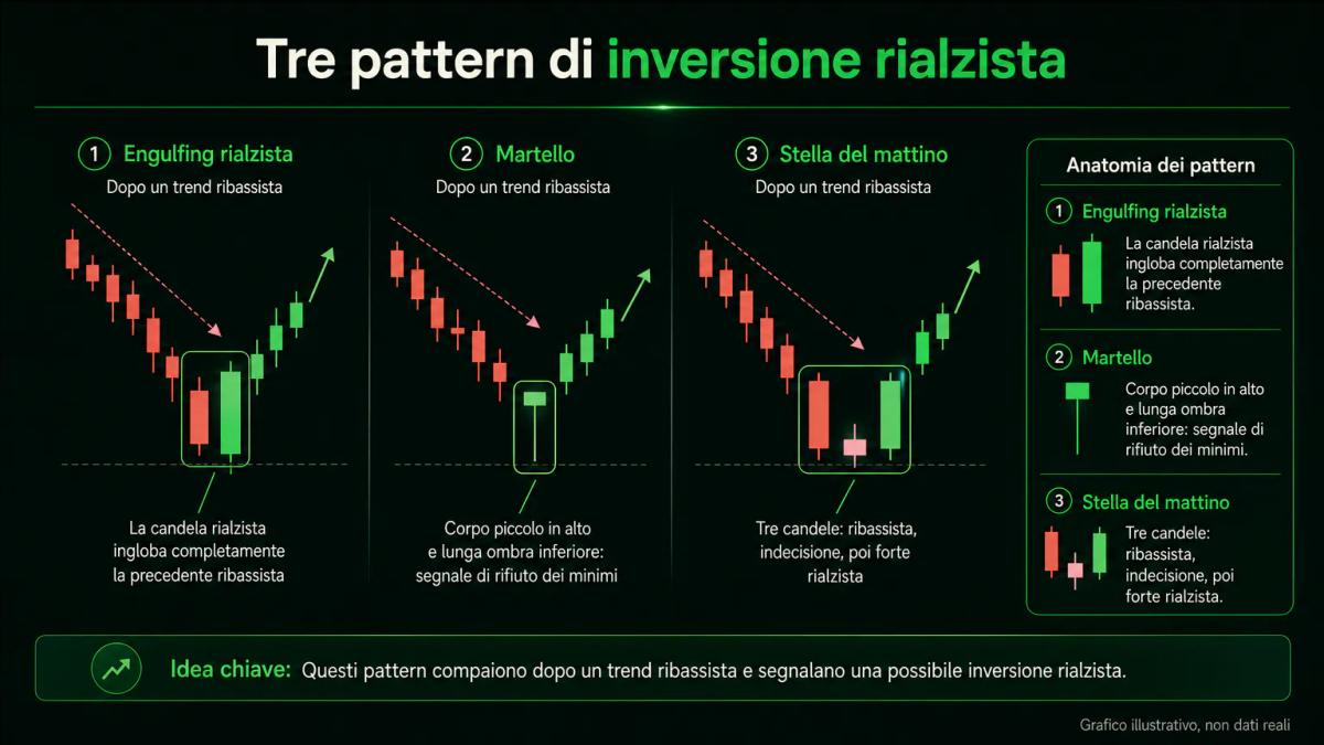 Grafico illustrativo di tre pattern rialzisti: engulfing rialzista, martello e stella del mattino dopo un trend ribassista