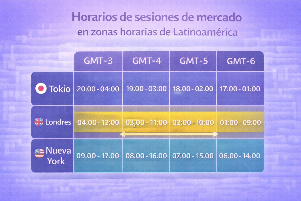 Horarios de sesiones de mercado en zonas horarias de Latinoamérica